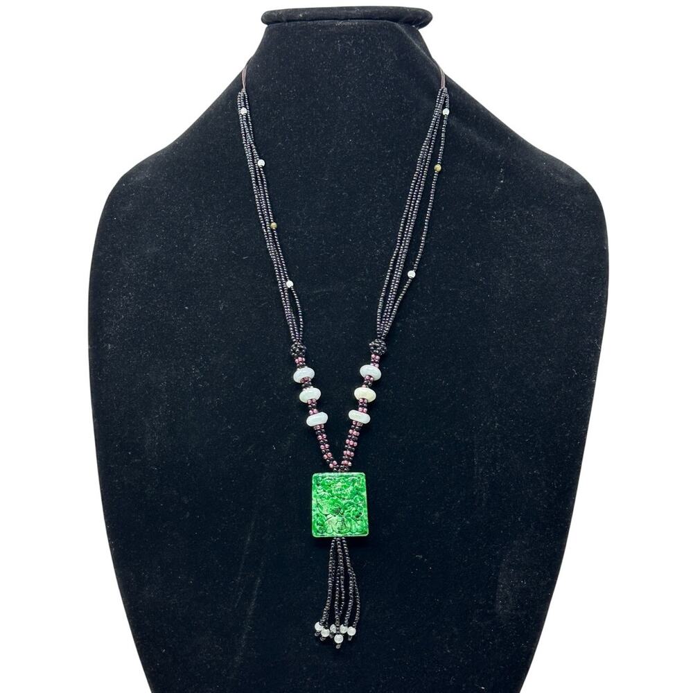 Unbranded Jade Carved Pendant Square On Knotted Beaded Rope Necklace